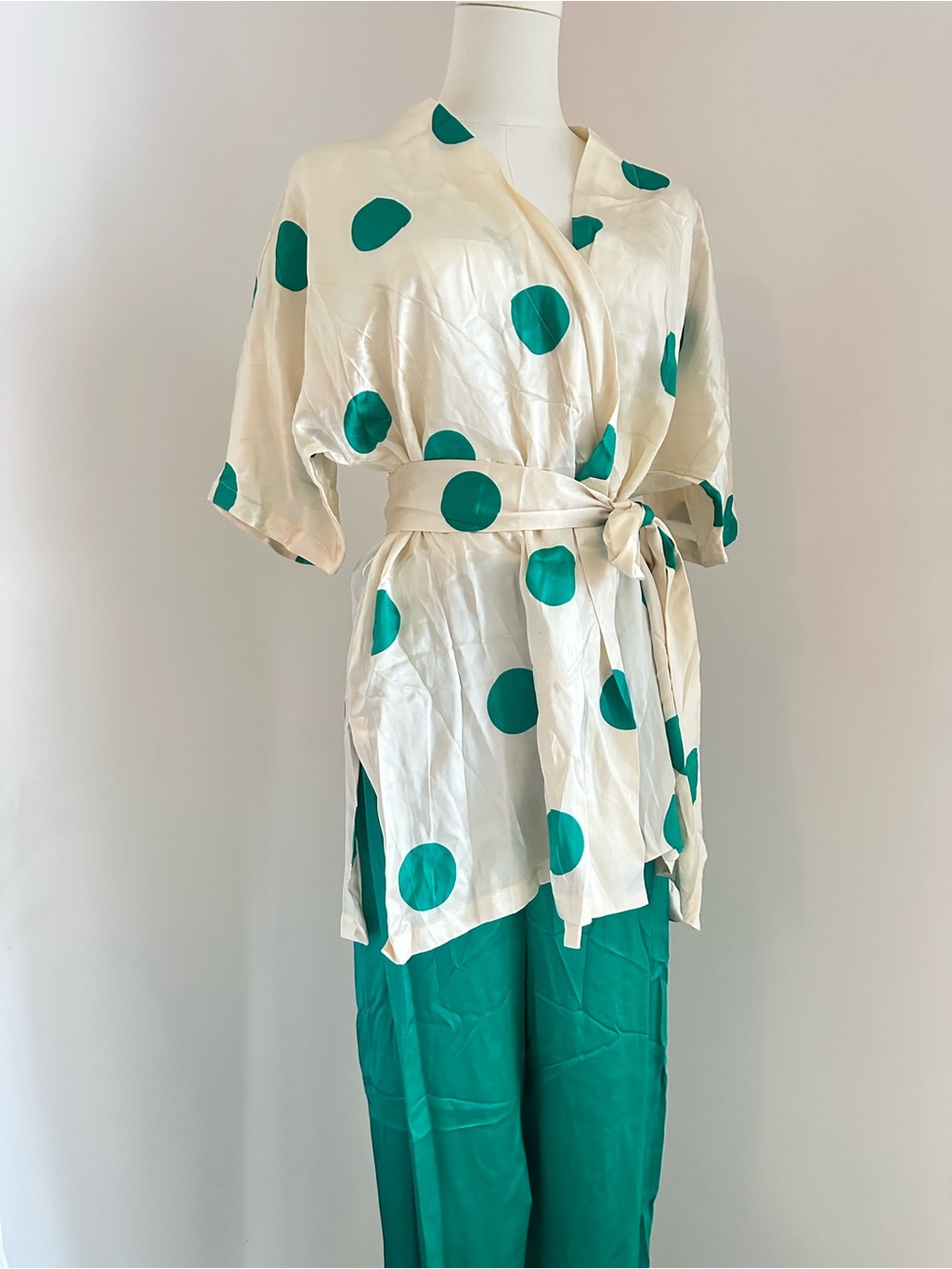 La Perla Silk  Cream pajama Top with Emerald Polka Dot and emerald pants.